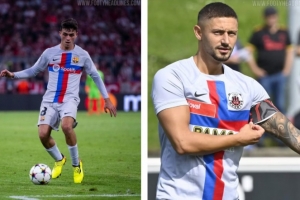 瑞士第四级别球队YF尤文图斯穿巴萨球衣比赛，只改了队徽和广告